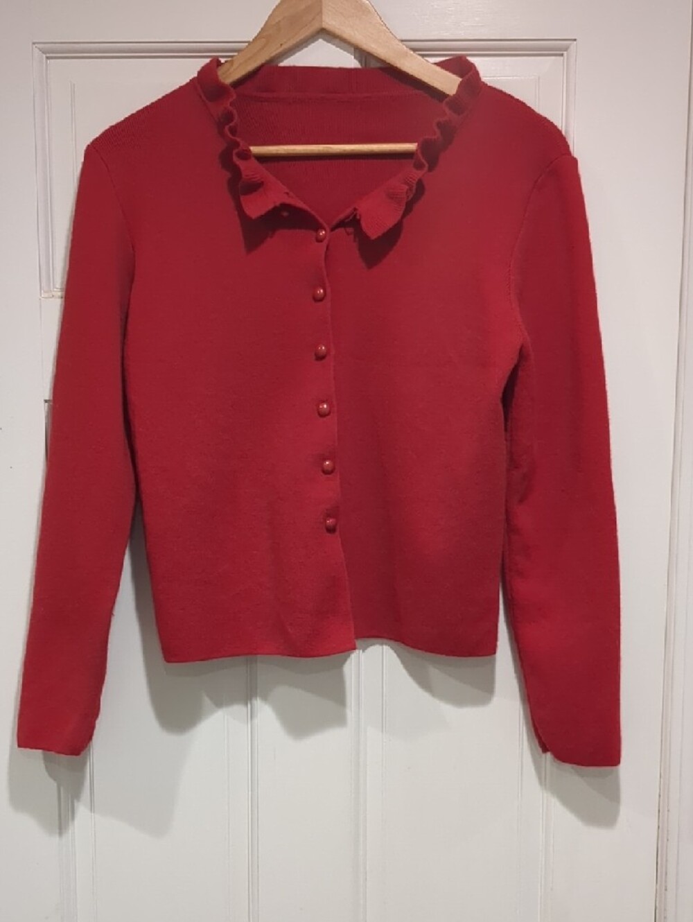 Red Ruffle-Trim Women's Sweater Cardigan